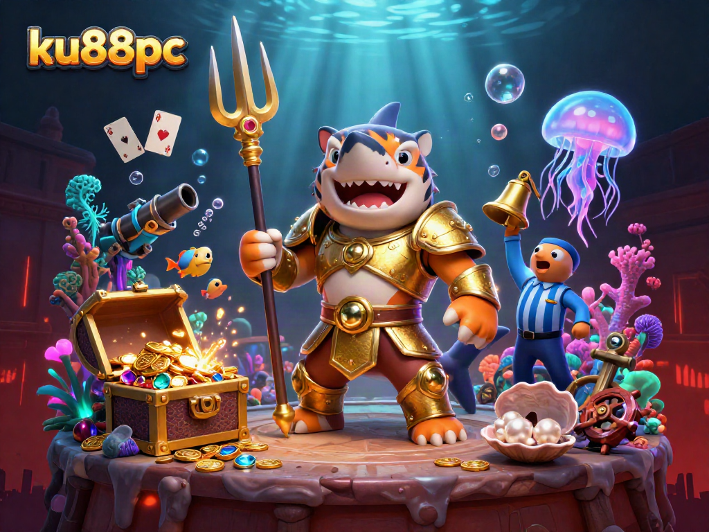 Experience the excitement of ku88pc with a dynamic underwater gambling scene featuring a gladiator shark and treasure.