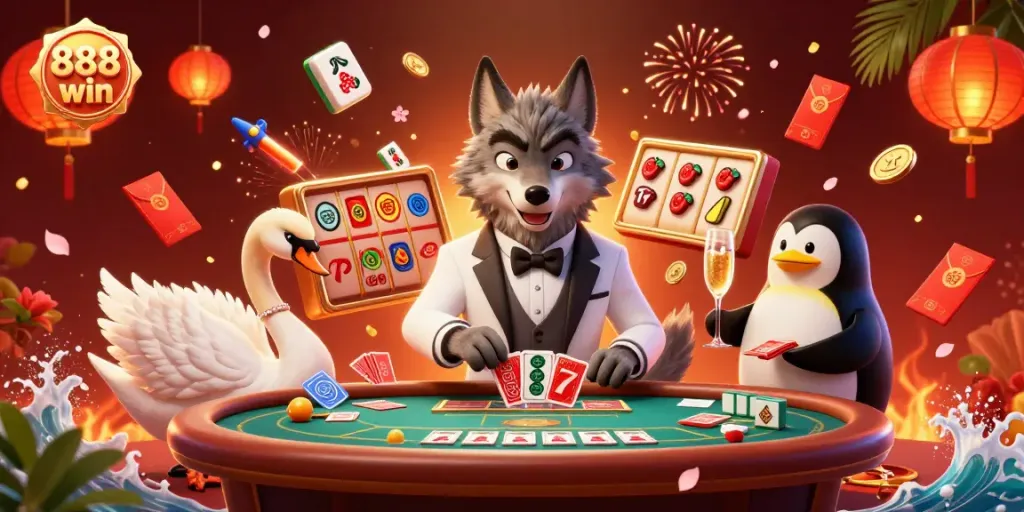 Experience the excitement of 888 win with vibrant 3D casino characters in an extravagant gambling scene.