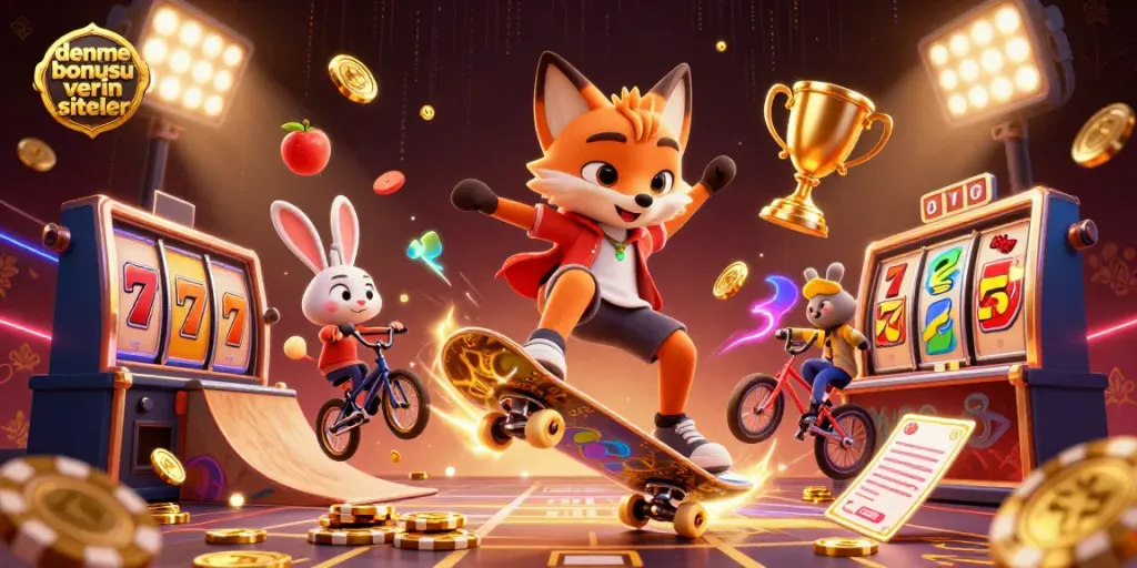 Engage in deneme bonusu veren siteler with this vibrant 3D casino scene featuring playful characters and dynamic elements.