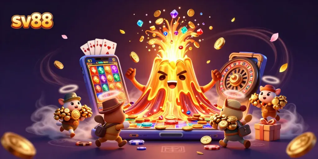 Experience thrilling wins at sv88 with golden coins erupting from a magical volcano.