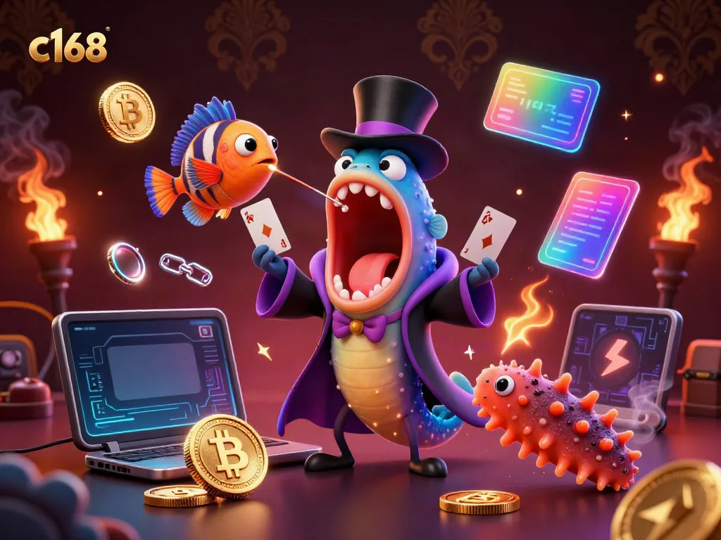 Experience the thrilling magic of c168 with unique characters and crypto elements in a lively casino scene.
