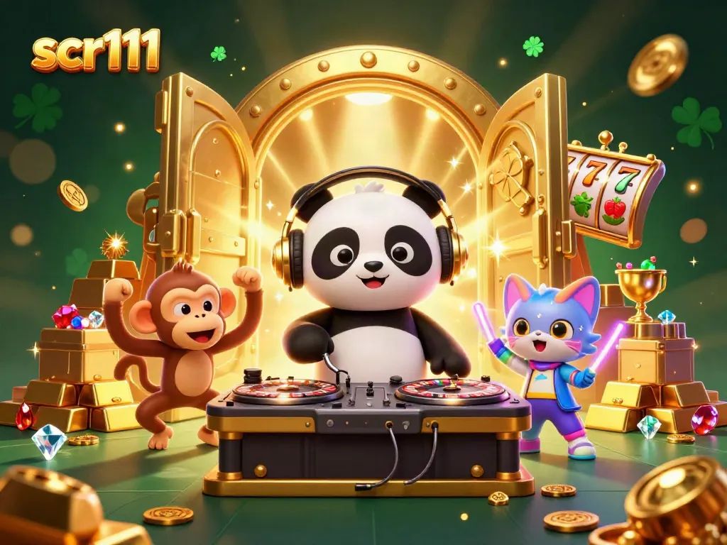 Join the excitement at scr111 with a lively scene featuring animated characters immersed in casino fun.