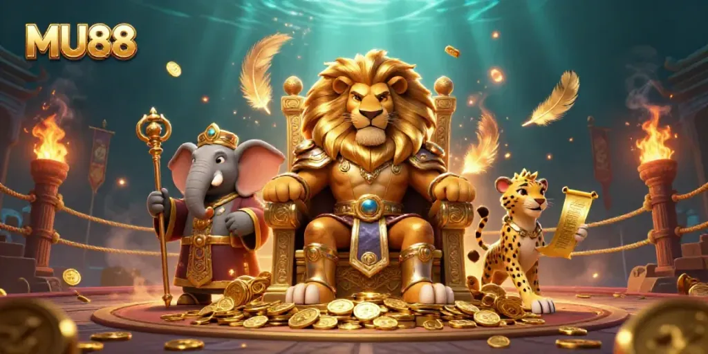 Engaging scene with MU88's lion king, wise elephant, and cheetah amidst dynamic gambling elements.