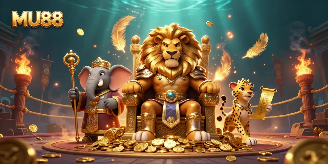 Engaging scene with MU88's lion king, wise elephant, and cheetah amidst dynamic gambling elements.