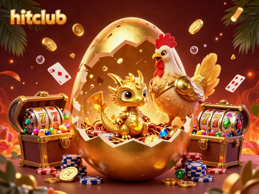 Experience thrilling action at hitclub with a golden dragon emerging from a nest of poker chips amidst exciting casino elements.