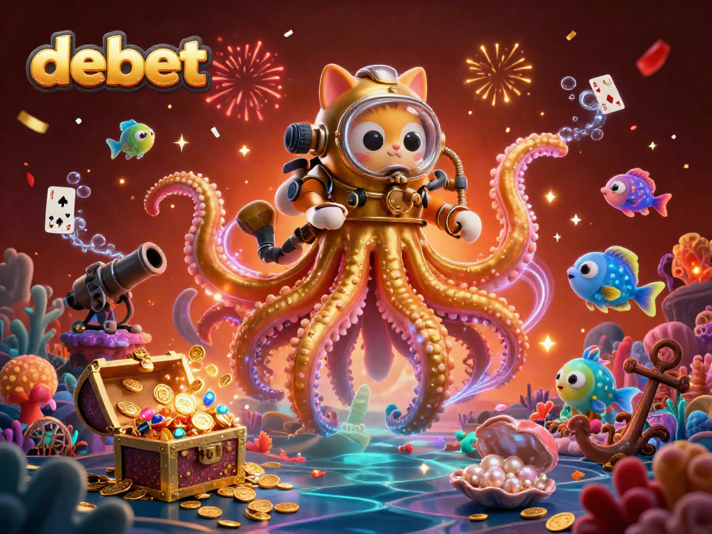 Engage with debet's underwater-themed casino experience featuring a golden kraken and diving cat.