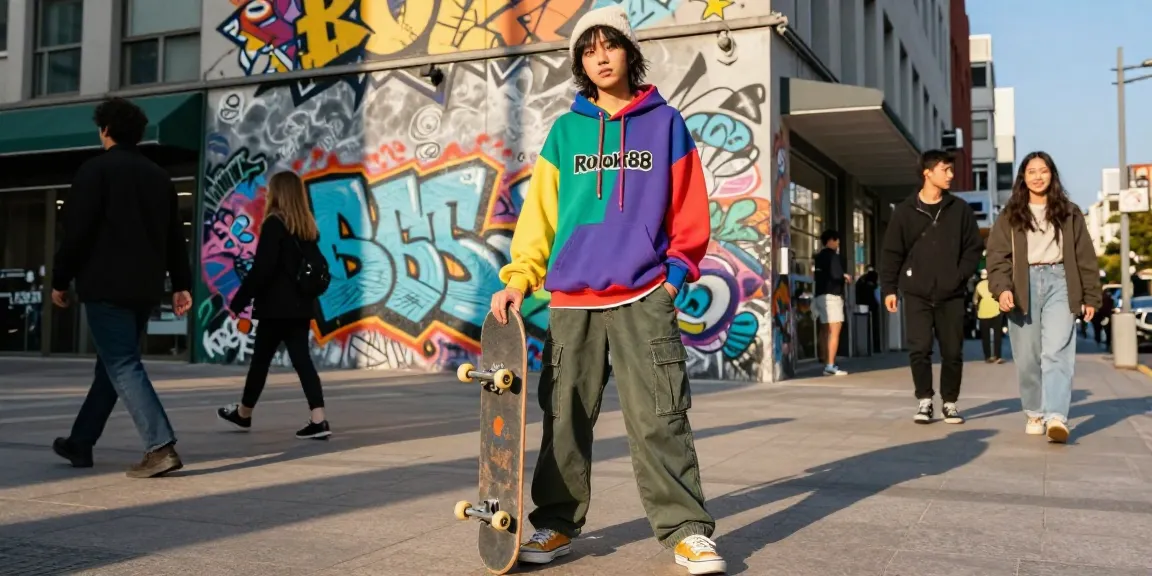 Young adult showcasing rokok88 streetwear in urban environment with skateboard.