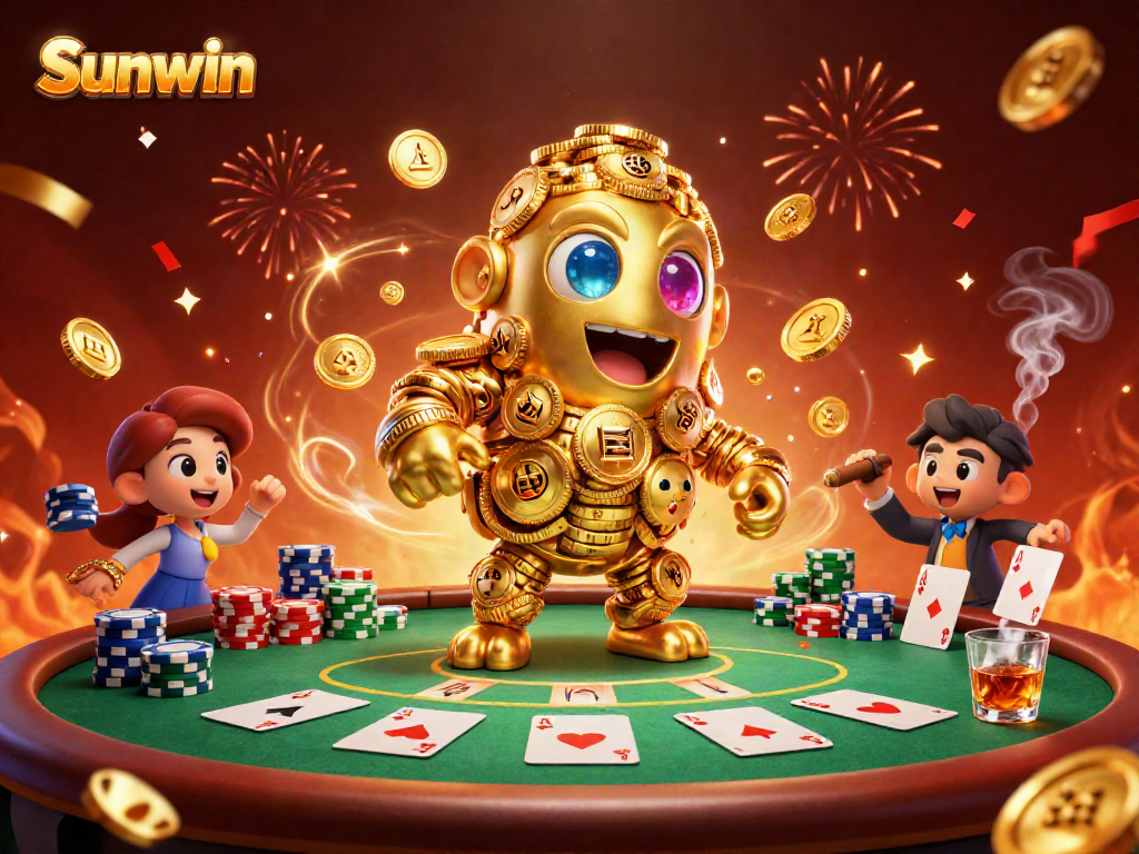 Experience the excitement of Sunwin with a dynamic scene of a golden golem amidst poker chips and celebratory confetti.
