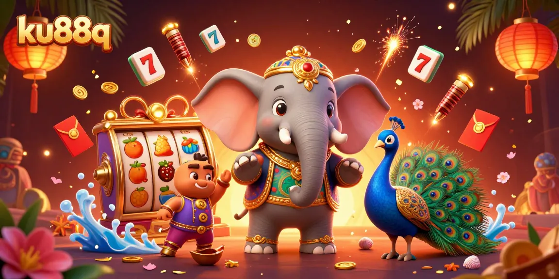 Play thrilling slots at ku88q with vibrant characters and dynamic elements in this promotional illustration.