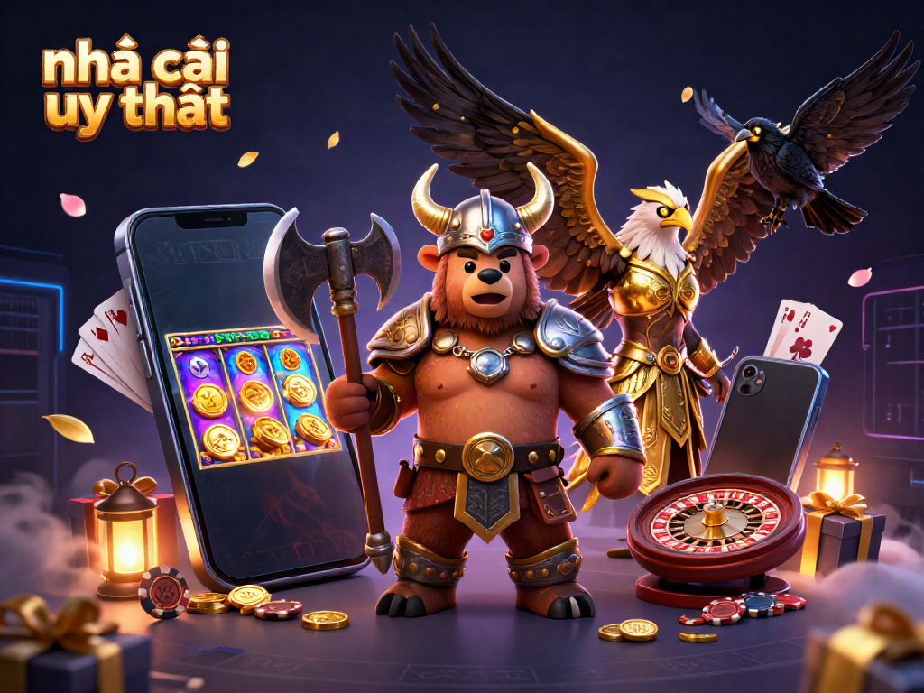 Engage with nhà cái uy tín featuring a Viking bear and Valkyrie eagle amidst vibrant casino elements.