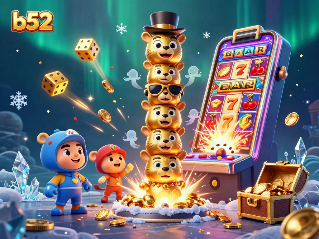 B52 players revel in a vibrant casino atmosphere with a golden totem pole and jackpot delights.