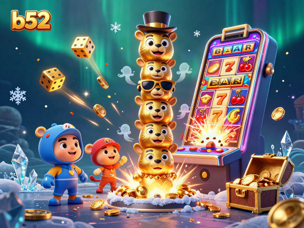 B52 players revel in a vibrant casino atmosphere with a golden totem pole and jackpot delights.
