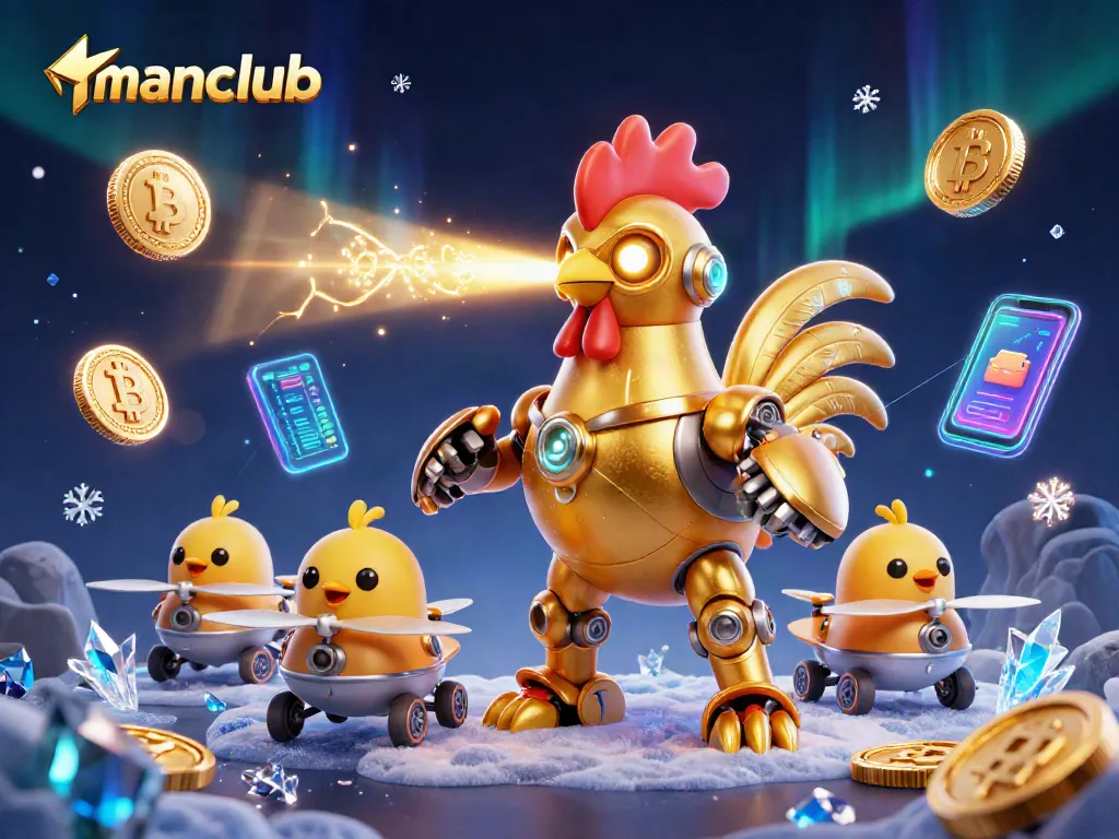 Join the manclub in a thrilling casino adventure with vibrant 3D action and glowing crypto elements.