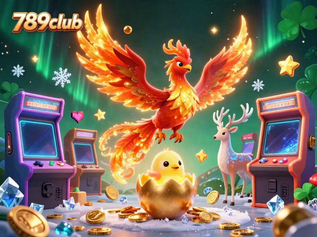 Engage in the thrilling world of 789club with a vibrant 3D scene featuring a phoenix, arcade games, and cinematic visuals.