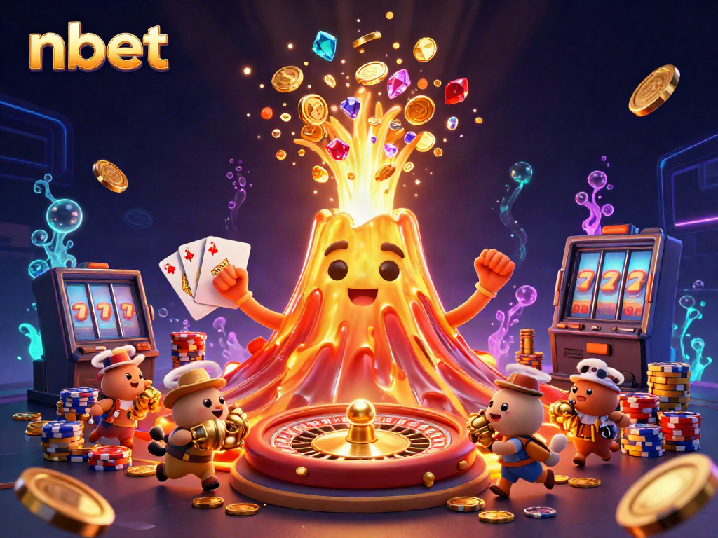 Experience the thrill of nbet with a golden volcano erupting coins and treasures in vibrant 3D.