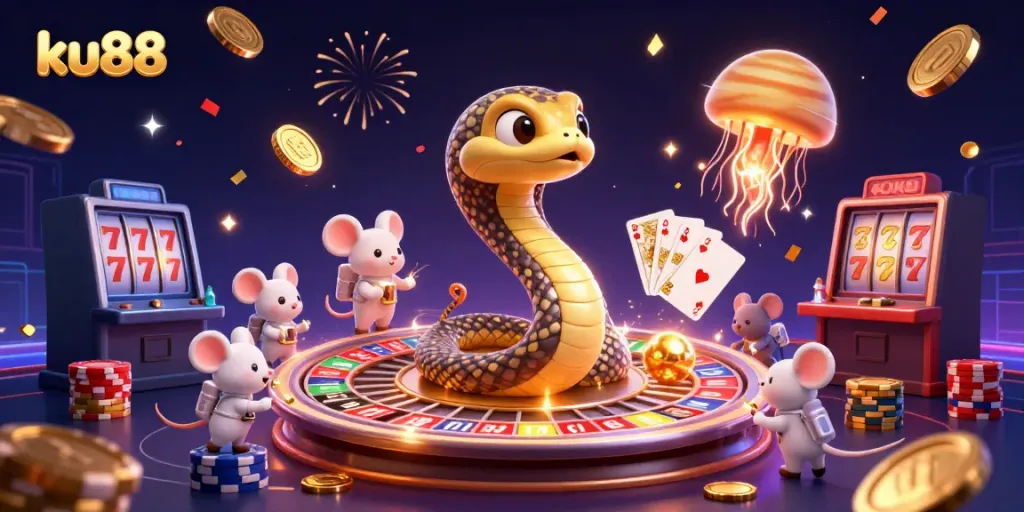Experience thrilling bets at ku88 with a cosmic scene featuring a roulette wheel and playful astronaut mice.