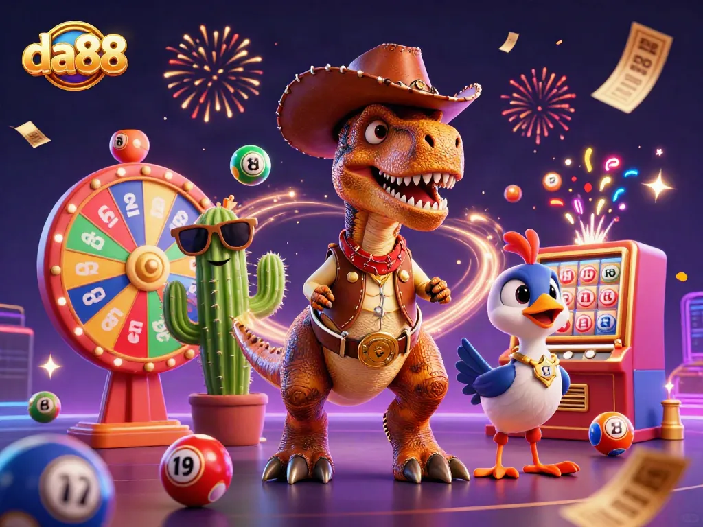 Win big with da88 as a cartoon dinosaur cowboy celebrates in a vibrant lottery scene.