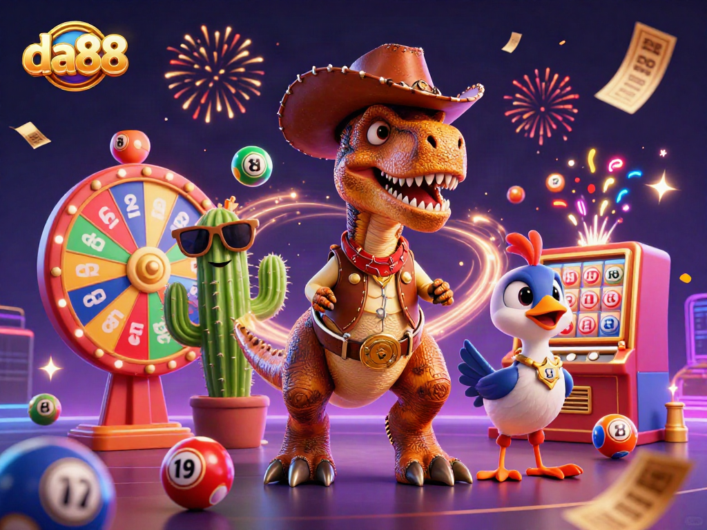 Win big with da88 as a cartoon dinosaur cowboy celebrates in a vibrant lottery scene.