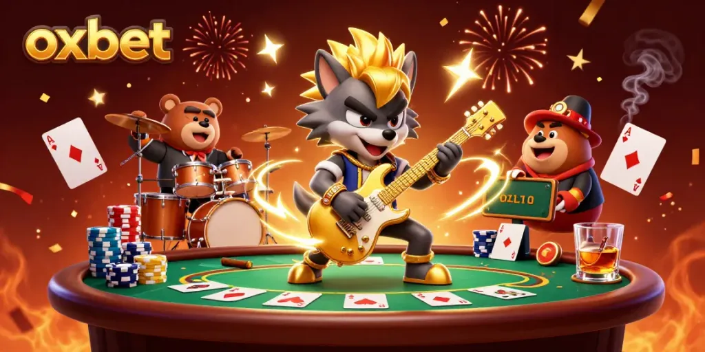 Experience the excitement of oxbet with a rock star wolf and drummer bear in a vibrant 3D casino scene.