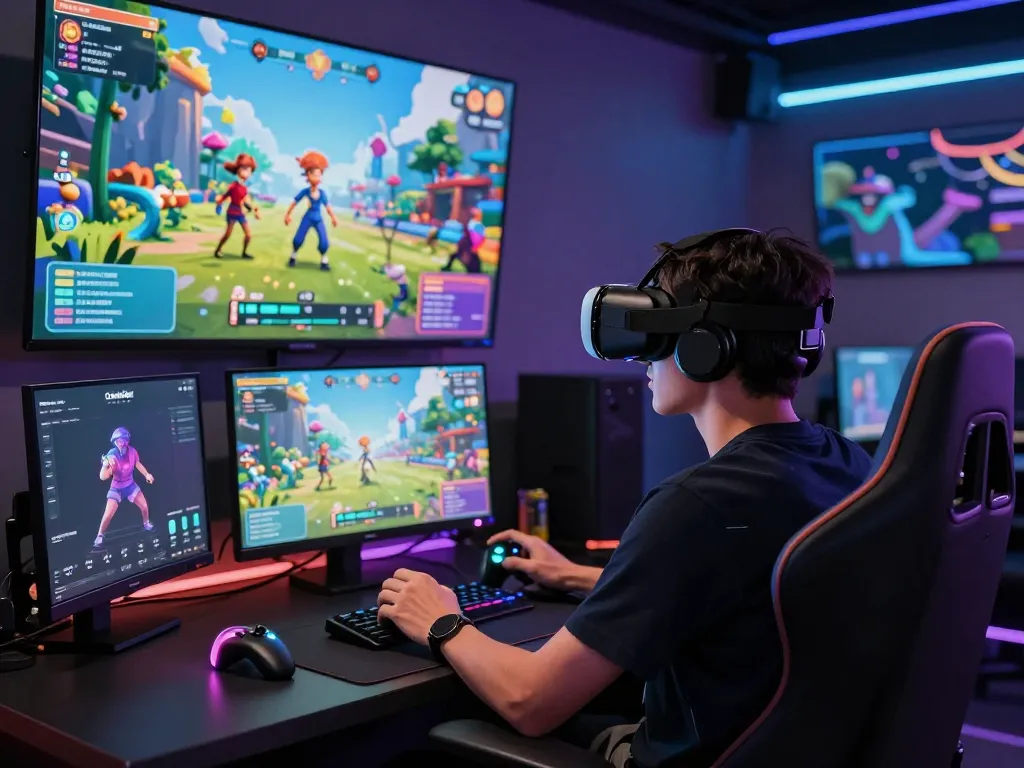 Engaged player using CrushOn virtual reality gaming setup in a vibrant environment.