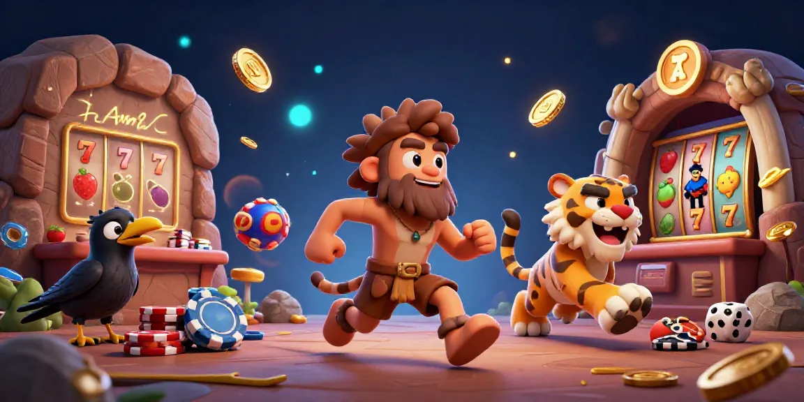 Kuwin casino scene with characters playing slots and casino games, showcasing lively action.