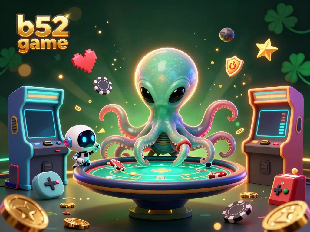 Get ready to play b52 game in a vibrant casino scene featuring an alien octopus and a robot.