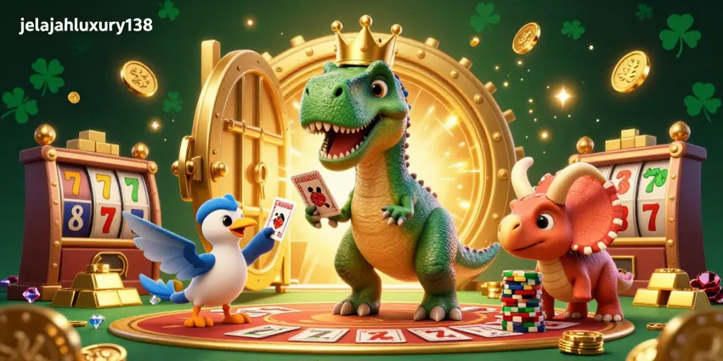 Play exciting games at jelajahluxury138 with a cheerful T-Rex shuffling cards amid riches and lucky casino symbols.