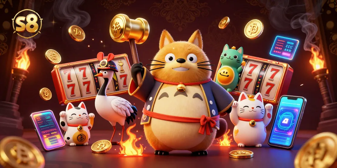 S8 players enjoy vibrant slot games and crypto experiences with cheerful characters in a lively casino atmosphere.