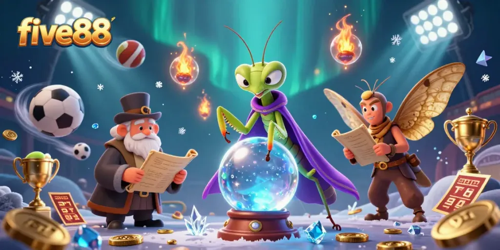 Engage with five88 gaming as the cartoon mantis fortune teller unveils thrilling sports betting secrets.