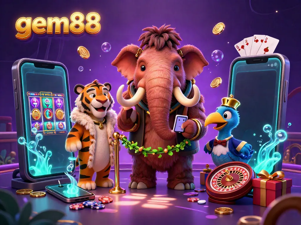 Join the adventure with gem88 as the woolly mammoth checks IDs at the casino entrance, surrounded by vibrant games.