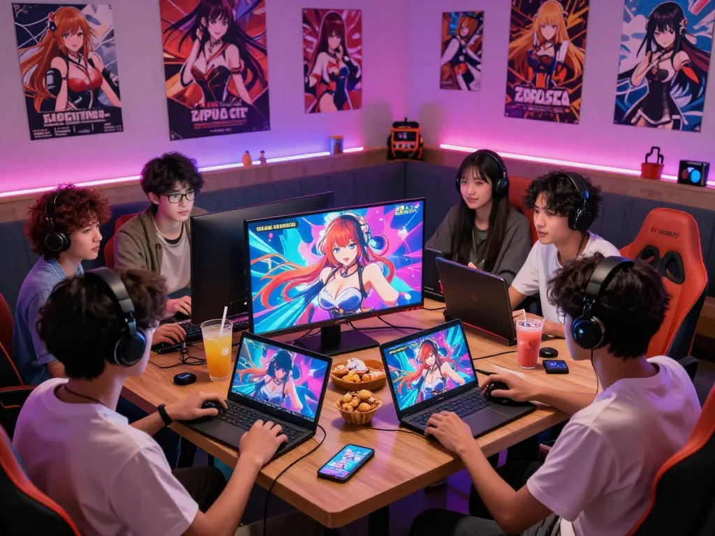 Group enjoying a lively multiplayer session playing a porno game in a cozy gaming lounge with vibrant decor.