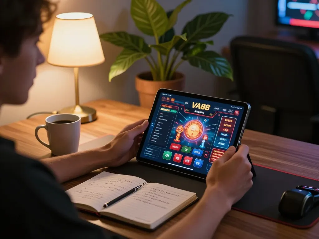 Player engaging with VA88 online casino game on tablet in a cozy gaming space.
