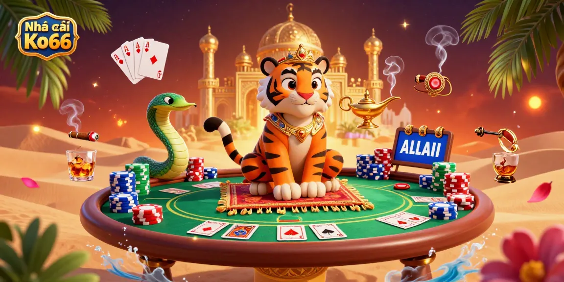 Experience excitement at Nhà cái Ko66 with animated characters celebrating poker and casino games.