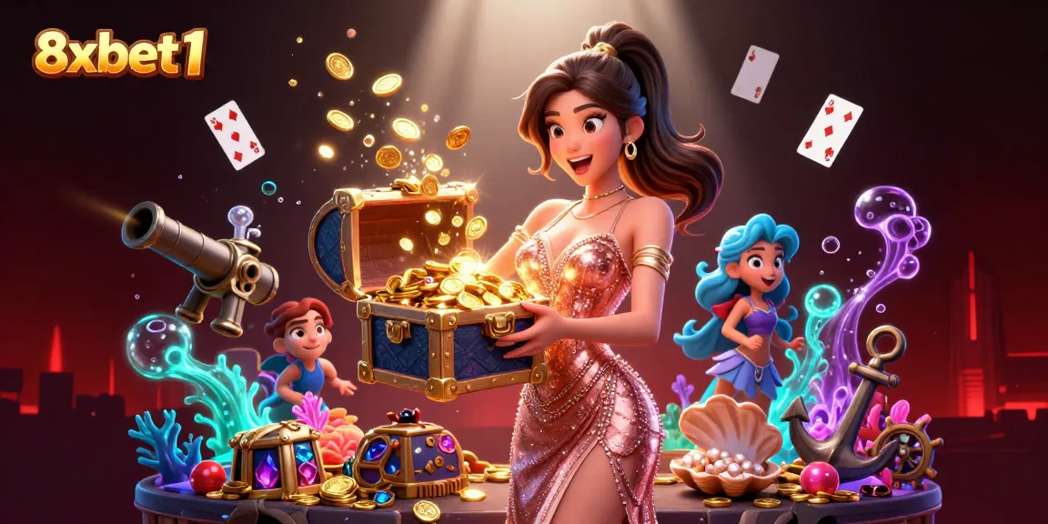Experience thrilling wins with 8xbet1's gold flow treasure chest, showcasing vibrant gems and casino excitement.