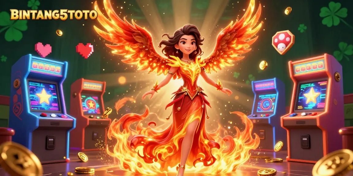 BINTANG5TOTO features an Asian woman in a fiery gown surrounded by vibrant gaming elements and a mystical phoenix.