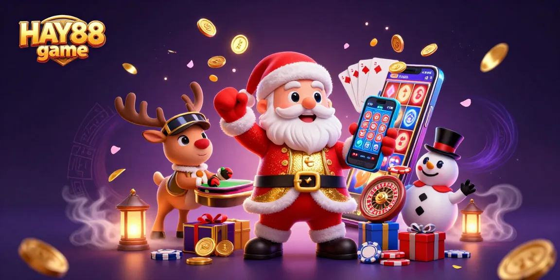 Play the exciting HAY88 game with dynamic slot visuals and joyous characters in a festive casino scene.