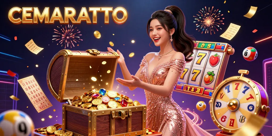 CEMARATOTO showcases an exciting jackpot scene with vibrant slot game elements and a joyous character.