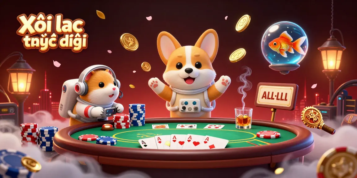 Xôi lạc trực tiếp captures a dynamic casino scene with a playful astronaut corgi and colorful poker elements.