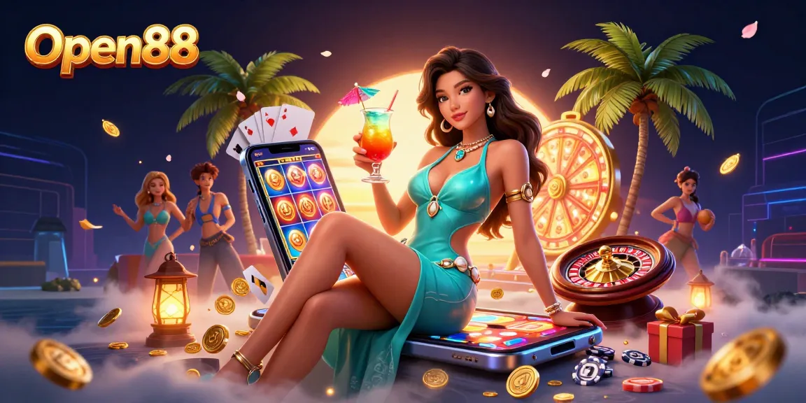 Experience Open88 with a glamorous woman at a vibrant beach casino, showcasing exciting gaming elements around her.
