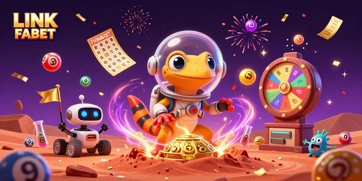Engage in the excitement of LINK FABET with vibrant casino elements and characters celebrating a win.