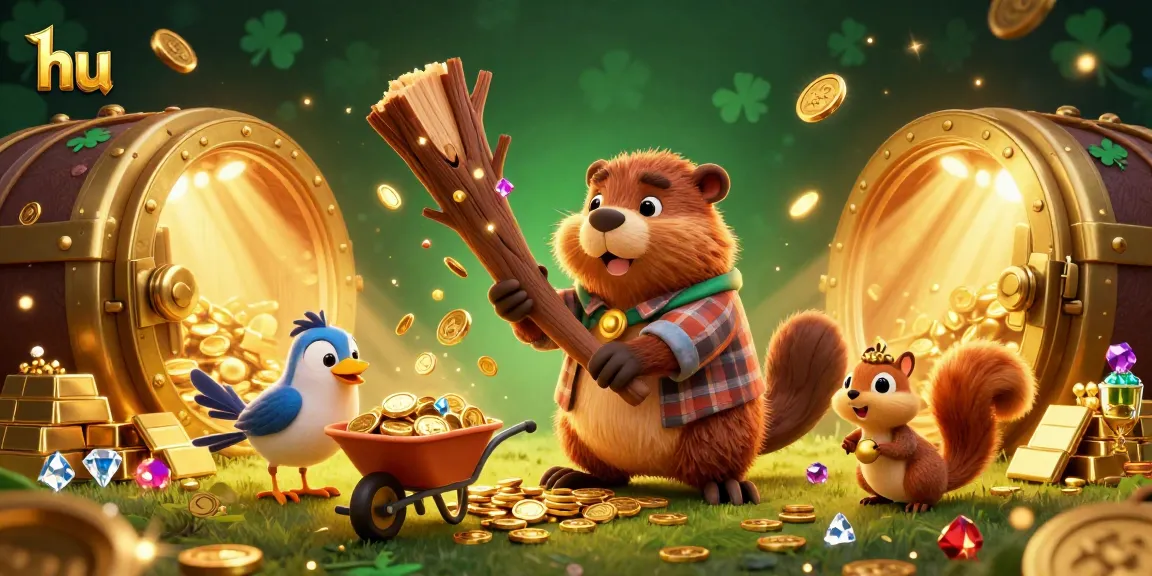 Experience thrilling wins with hu while the cartoon beaver collects golden coins in a vibrant casino.