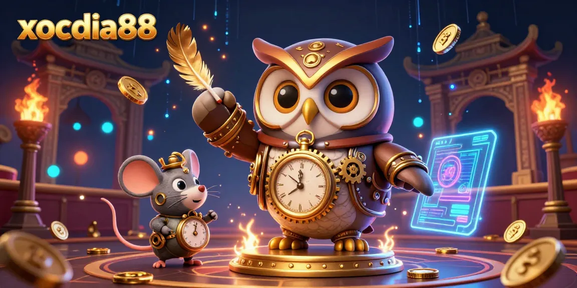 xocdia88 captures the thrill of gaming with a dynamic steampunk owl and futuristic elements, enhancing your online betting experience.