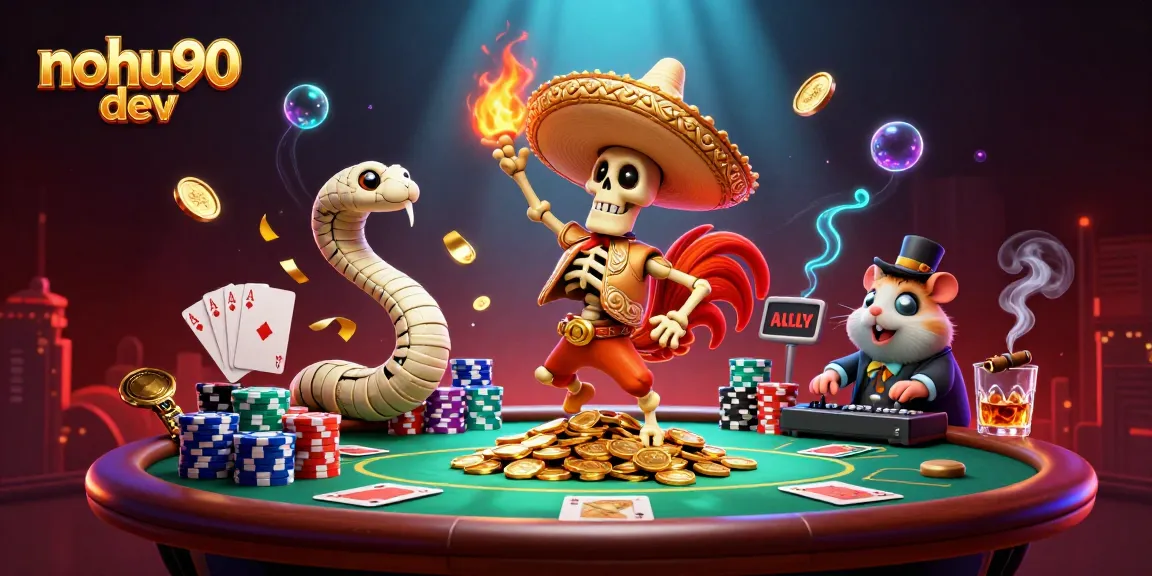 Play exciting casino games at nohu90 dev with a festive scene showcasing dynamic characters.