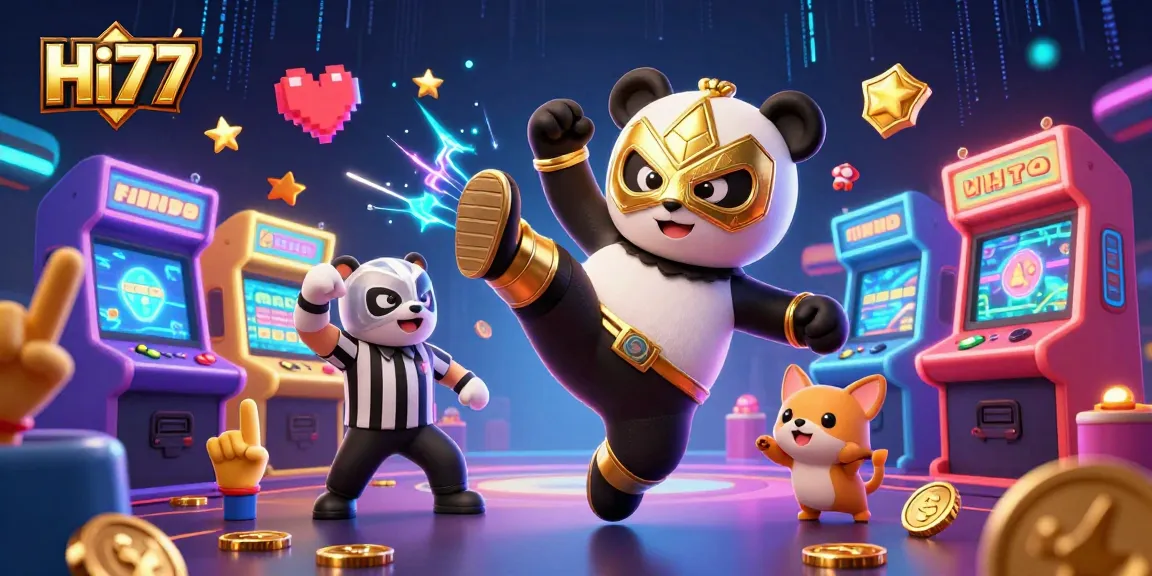Engage with Hi77 by placing bets with a lively panda character and cheering crowd in a vibrant casino scene.