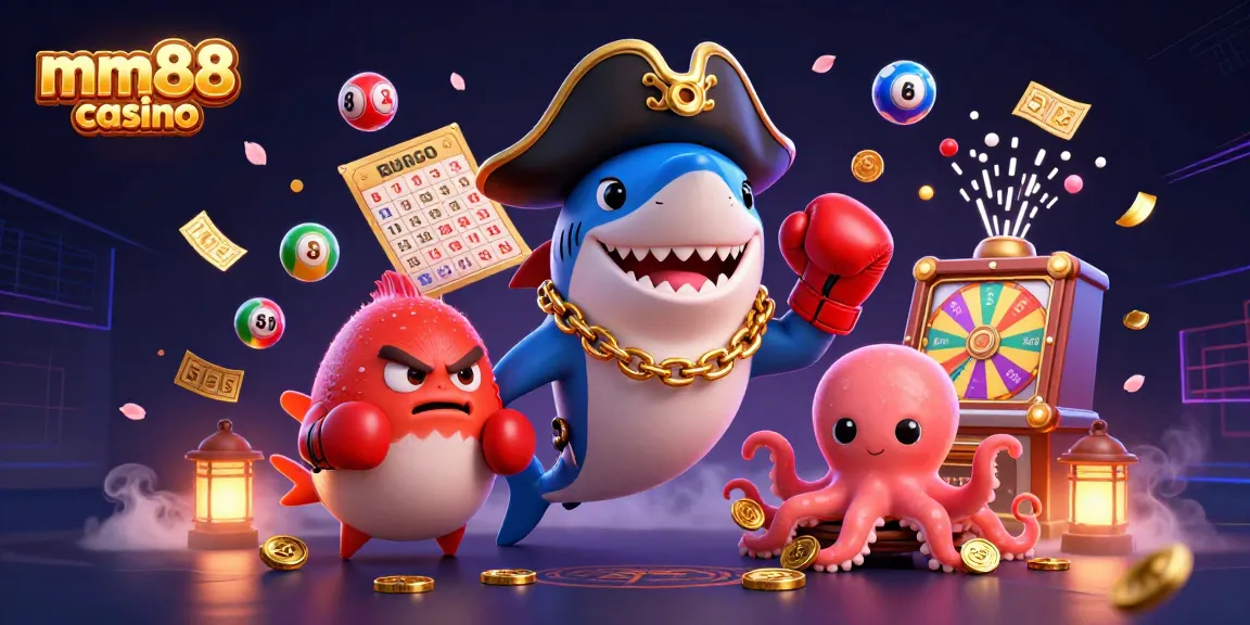 Experience the excitement of mm88 casino with a dynamic 3D illustration of characters enjoying games, coins flying around.