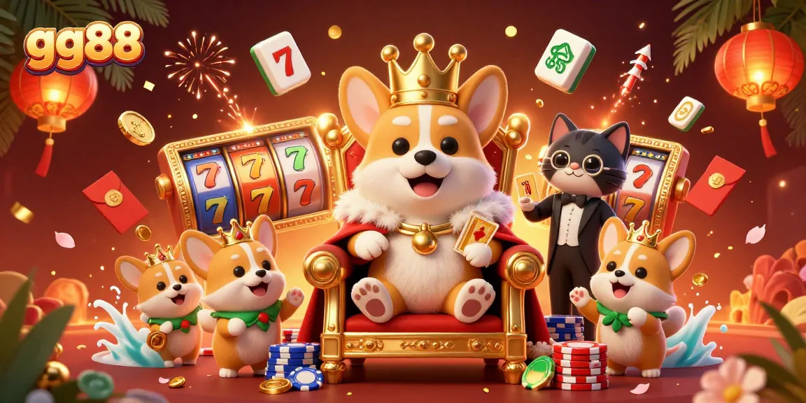 Experience the excitement of gg88 with animated royal corgi on a throne of poker chips in a vibrant casino scene.