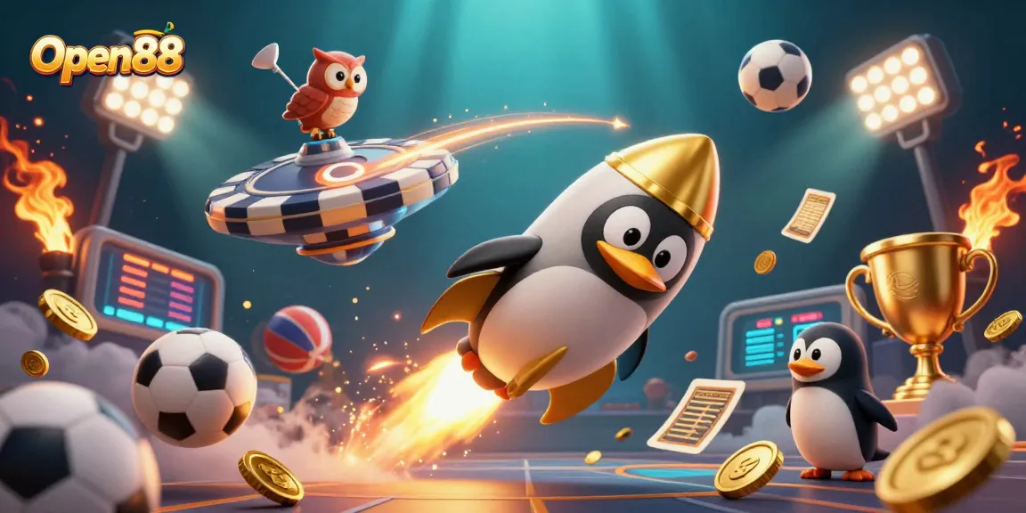 Open88 brings thrilling gaming adventures with a golden penguin soaring into a vibrant casino space.