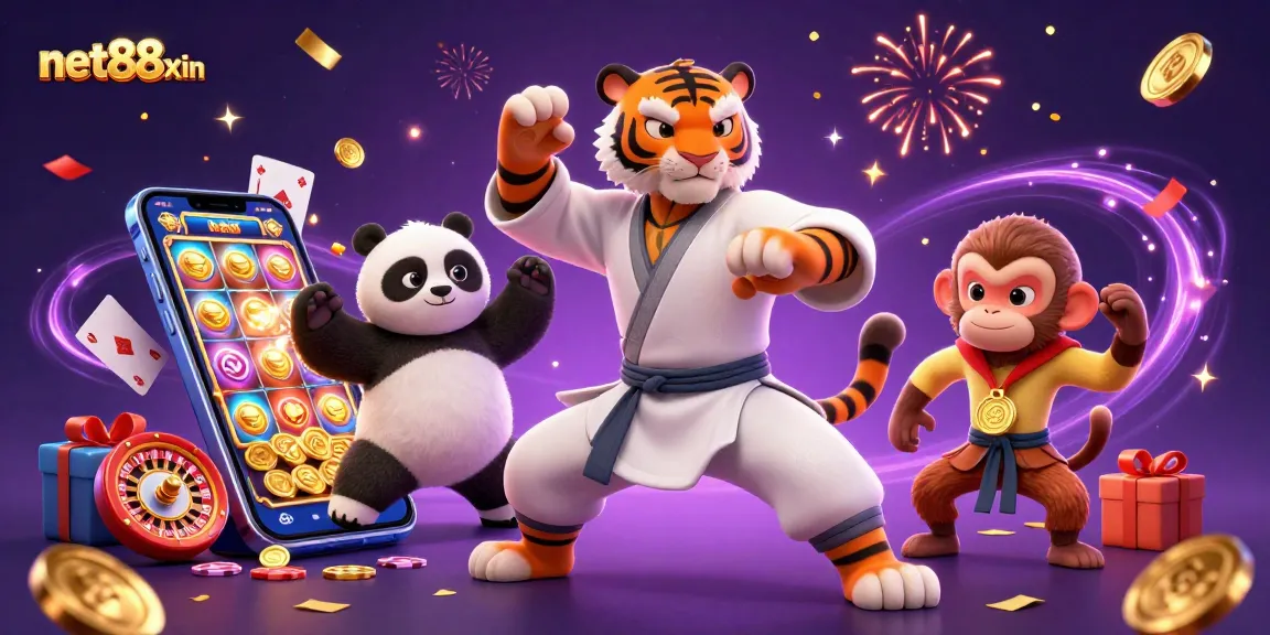 Win big with net88xin in this vibrant online casino scene featuring animated characters!