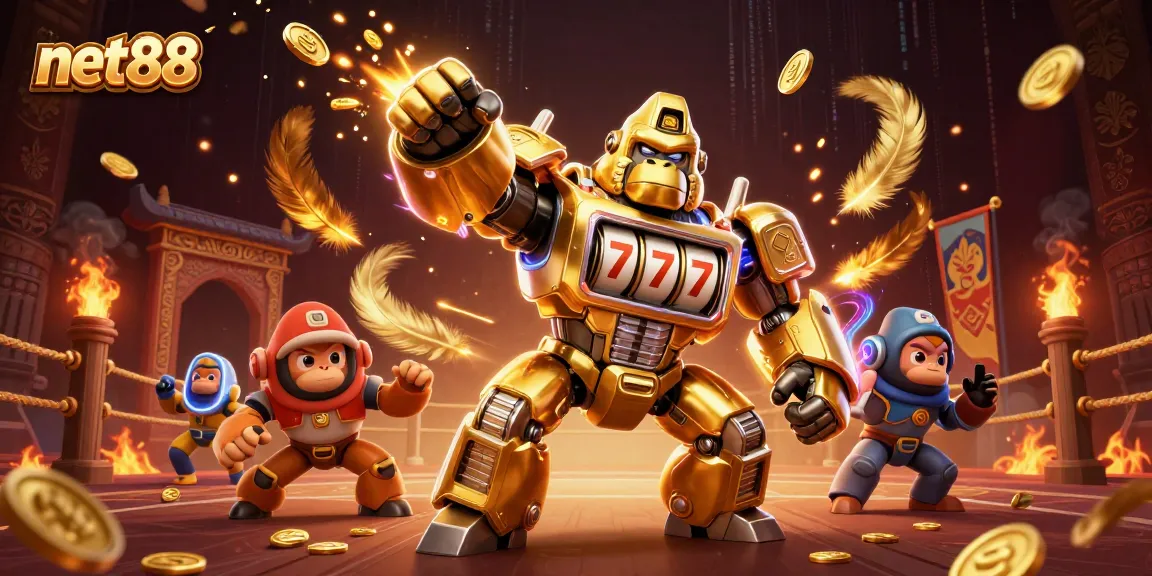 Engage with net88's thrilling gaming action featuring a golden gorilla mech smashing through with coins.