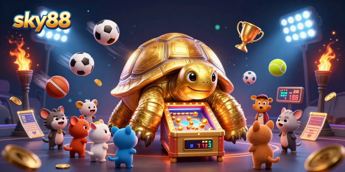 Experience thrilling gameplay at sky88 with a golden tortoise pinball machine and dynamic sports elements.